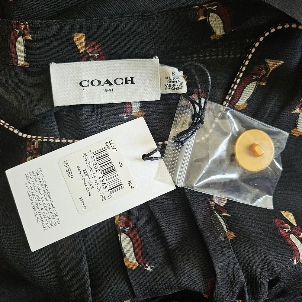New Coach 1941 Penguin Print Tie Neck Knee Length Black Dress NWT Size 6 US